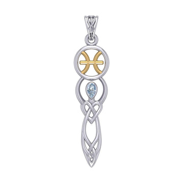 Celtic Goddess Pisces Astrology Zodiac Sign Silver and Gold Accents Pendant with Aquamarine MPD5934 - Jewelry